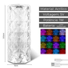 Loja Capricho Abajur - 0016 16 Cores c/ Controle Remoto Luminária Cristal Touch de Mesa em Led - 16 Cores (Sem fio e Recarregável)